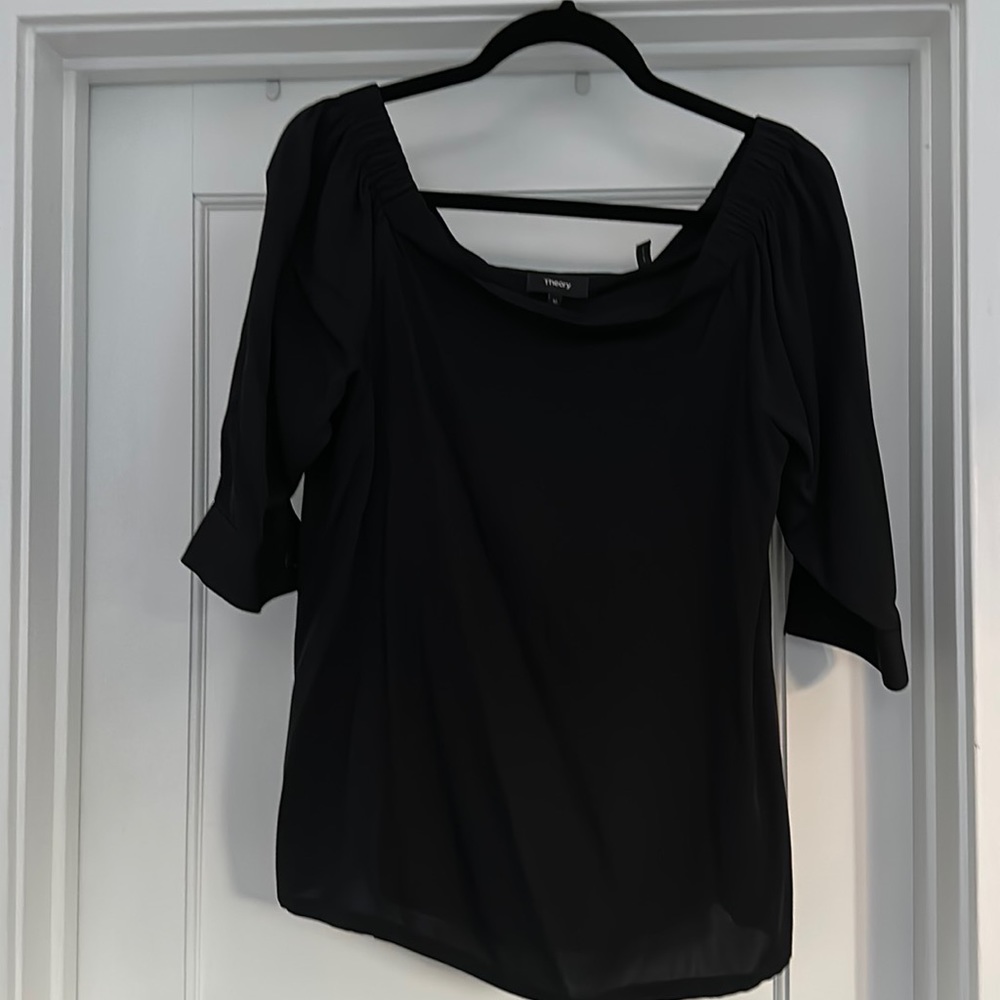 Theory off the shoulder black silk top